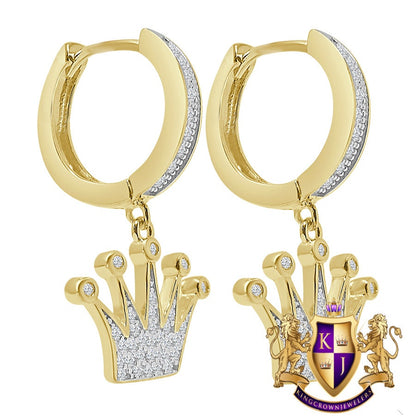 Pure Italian Sterling Silver 14K Gold Over Simulated Diamond Kings Crown Hoop Stud Earrings Unisex