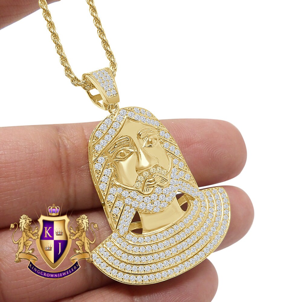 14K Gold On Real Sterling Silver Simulated Diamond Jesus Face Piece Pendent Charm 2'' + Free Chain