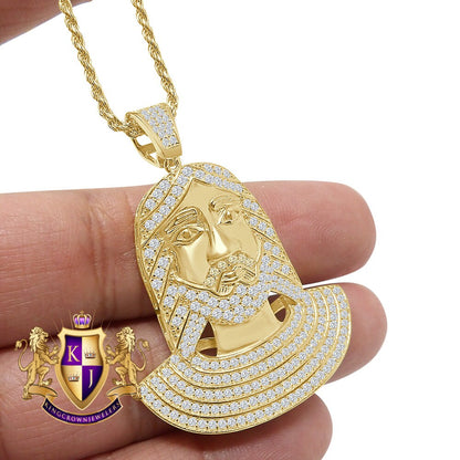 14K Gold On Real Sterling Silver Simulated Diamond Jesus Face Piece Pendent Charm 2'' + Free Chain