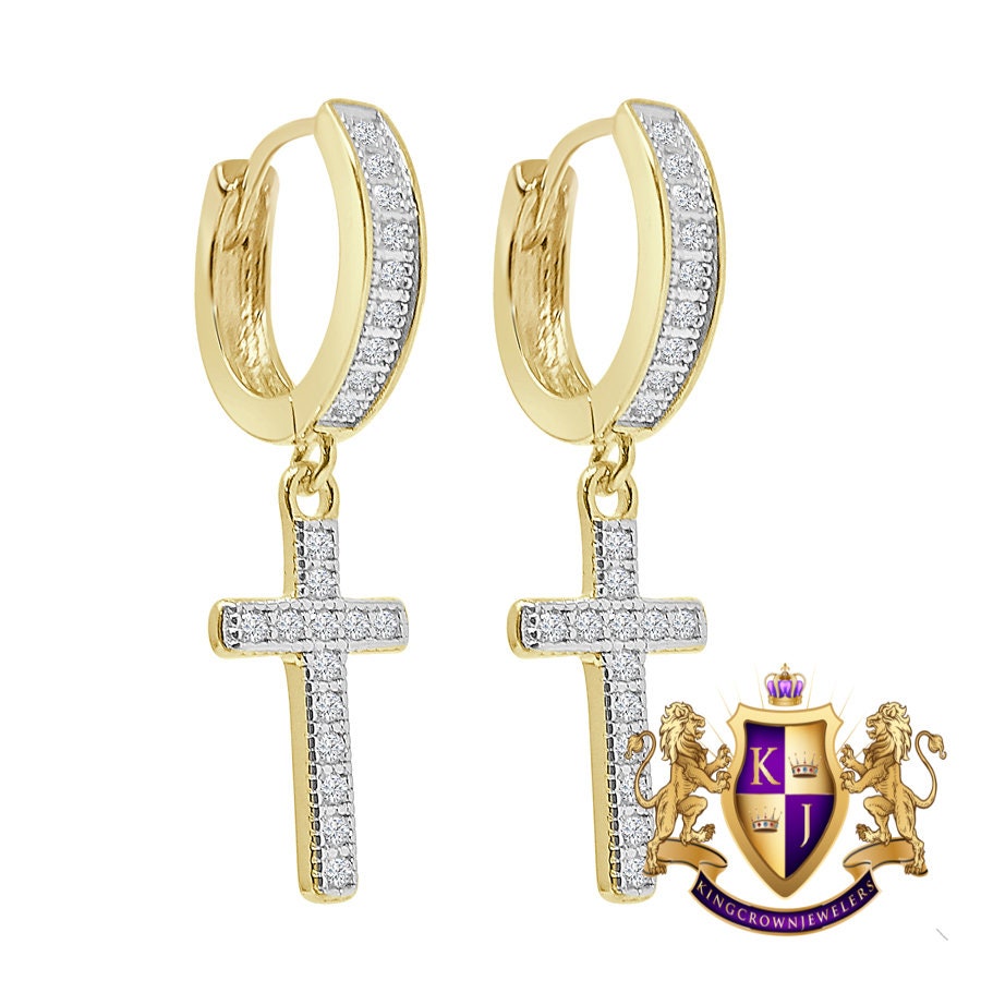 Genuine Real Sterling Silver 14K Gold Over Simulated Diamond Jesus Cross Hoop Stud Earrings Unisex