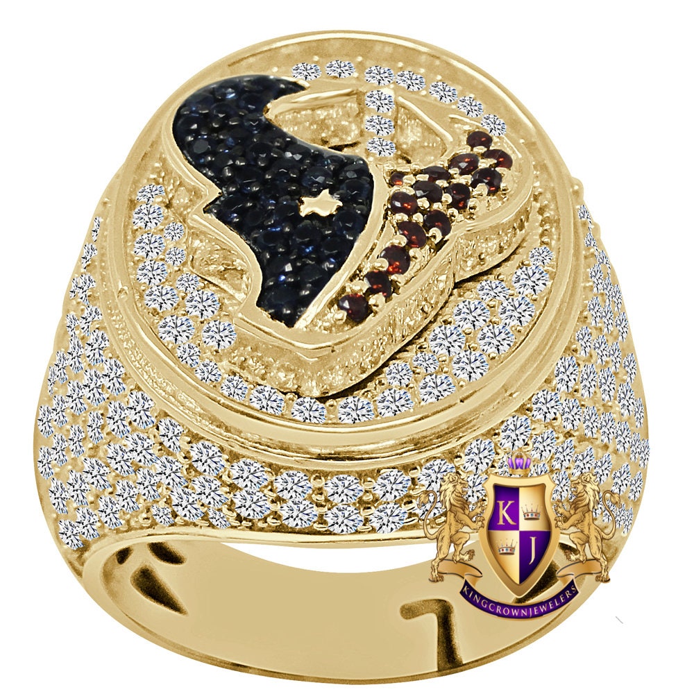 14K Real Gold On Genuine Sterling Silver Simulated Diamond Men's Texas Sports Ring Band Adjustable Size (10 Up To 11 )
