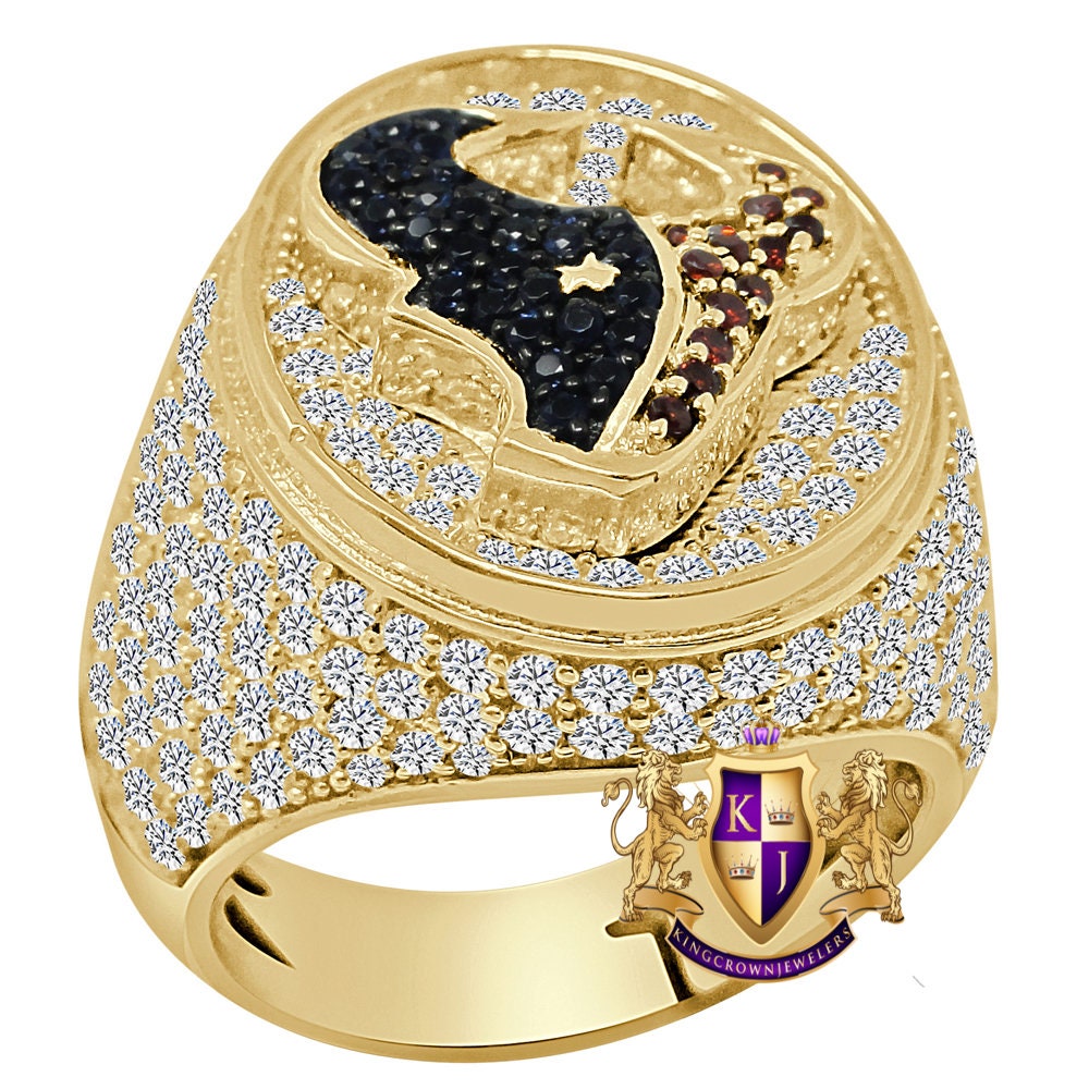 14K Real Gold On Genuine Sterling Silver Simulated Diamond Men's Texas Sports Ring Band Adjustable Size (10 Up To 11 )