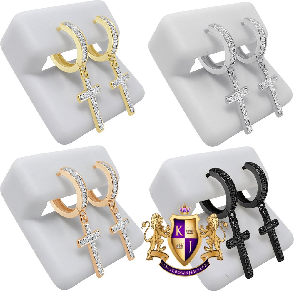 Genuine Real Sterling Silver 14K Gold Over Simulated Diamond Jesus Cross Hoop Stud Earrings Unisex