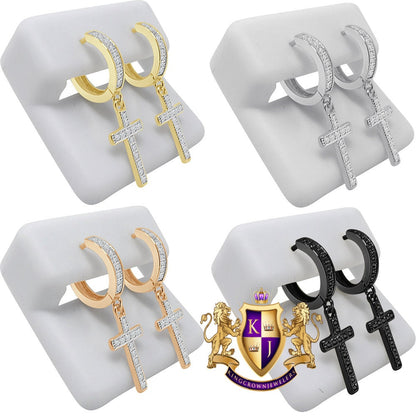Genuine Real Sterling Silver 14K Gold Over Simulated Diamond Jesus Cross Hoop Stud Earrings Unisex