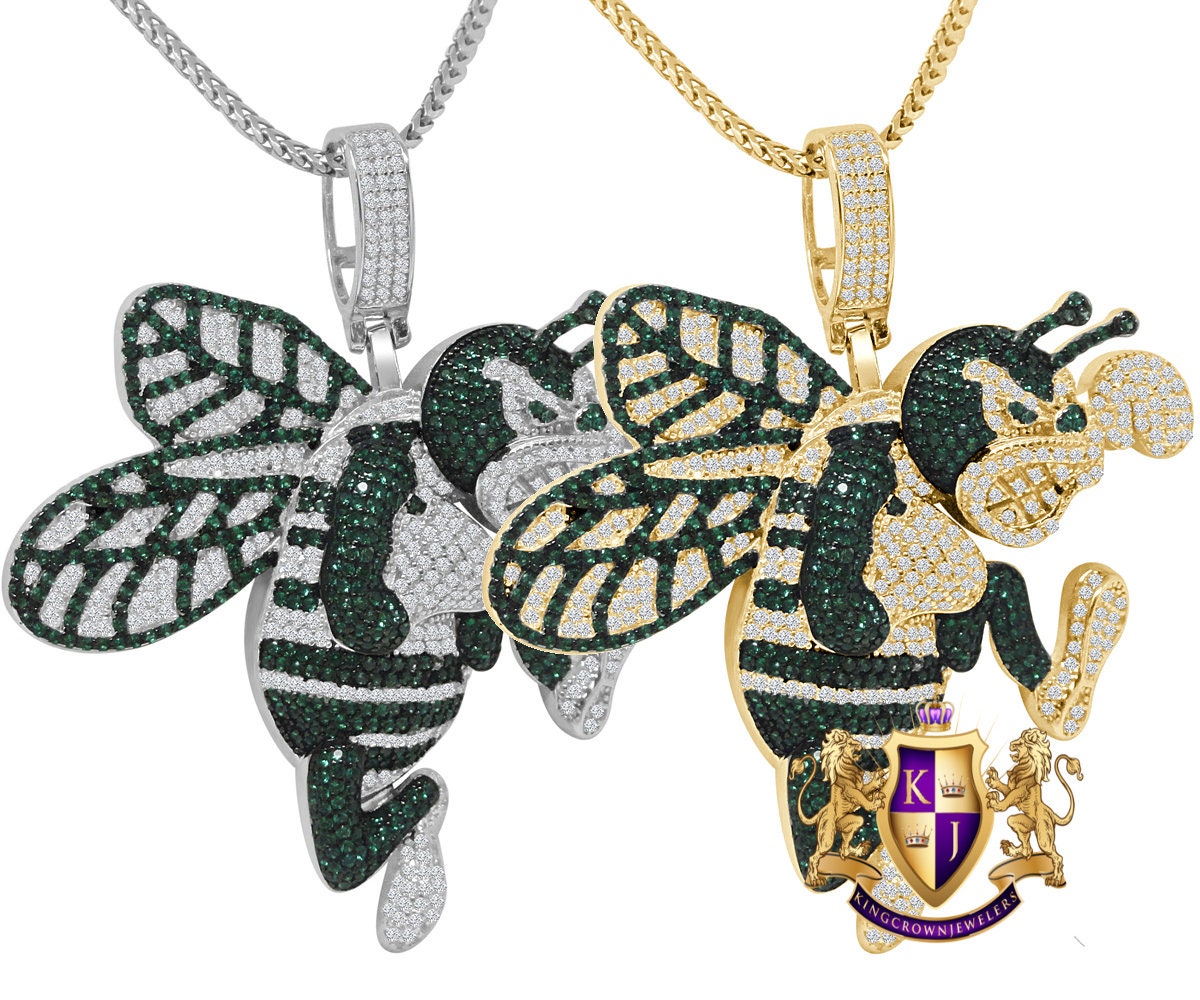 Men's Ladies Simulated Diamond 14K Gold Finish Honey Bee Custom Charm Pendent Chain Set