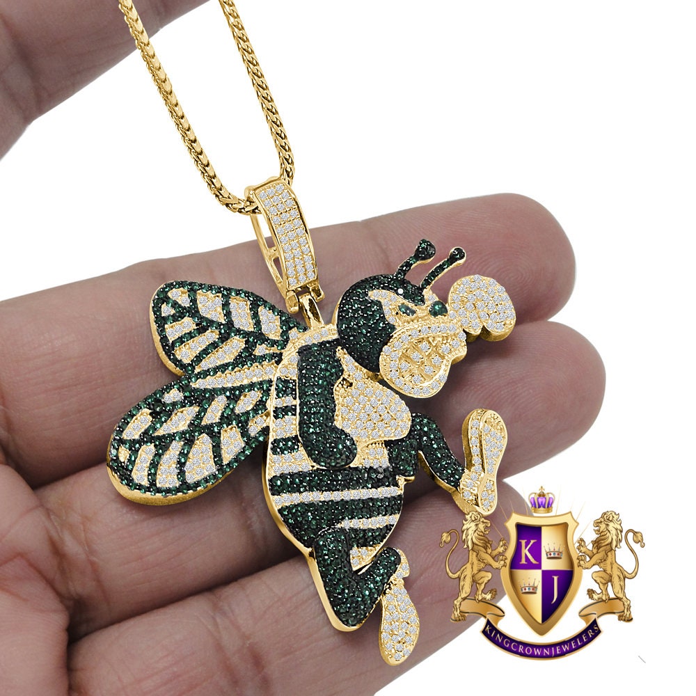 Men's Ladies Simulated Diamond 14K Gold Finish Honey Bee Custom Charm Pendent Chain Set