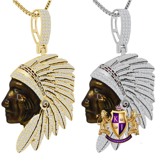 14K Gold Over Native American Indian Apache King Simulated Diamond Pendent Charm Chain Set