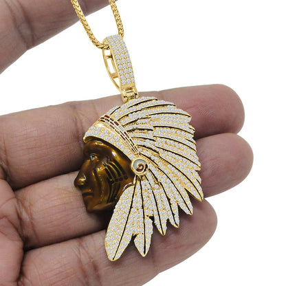 14K Gold Over Native American Indian Apache King Simulated Diamond Pendent Charm Chain Set