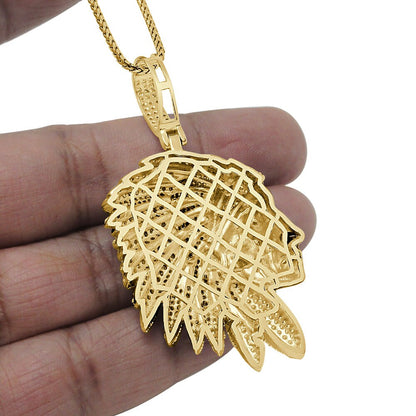 14K Gold Over Native American Indian Apache King Simulated Diamond Pendent Charm Chain Set