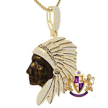 14K Gold Over Native American Indian Apache King Simulated Diamond Pendent Charm Chain Set