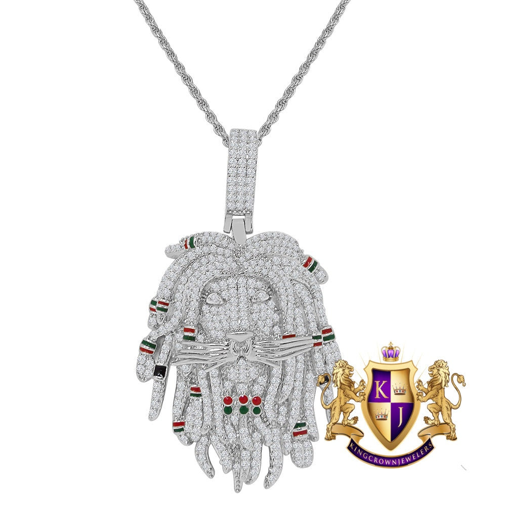 30 + Grams Rasta Jamaican Lion Face Pendant Multi Tone 3.00 Cwt. Simulated Diamonds Custom Charm 14K Gold Over 2.15'' + Rope Chain