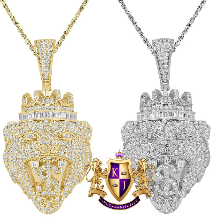 Lion Head Crown Face Dollar Sign Custom Charm Simulated Diamond Pendent Chain Set