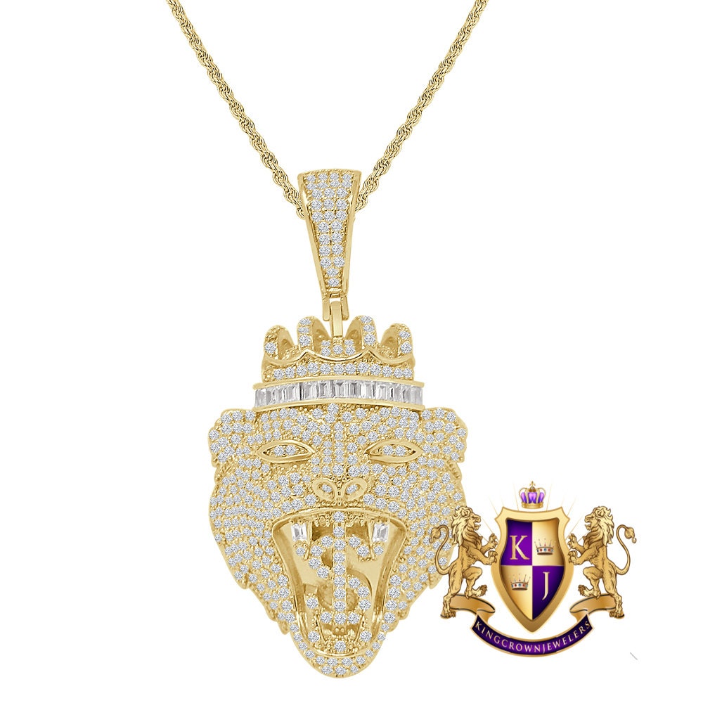 Lion Head Crown Face Dollar Sign Custom Charm Simulated Diamond Pendent Chain Set