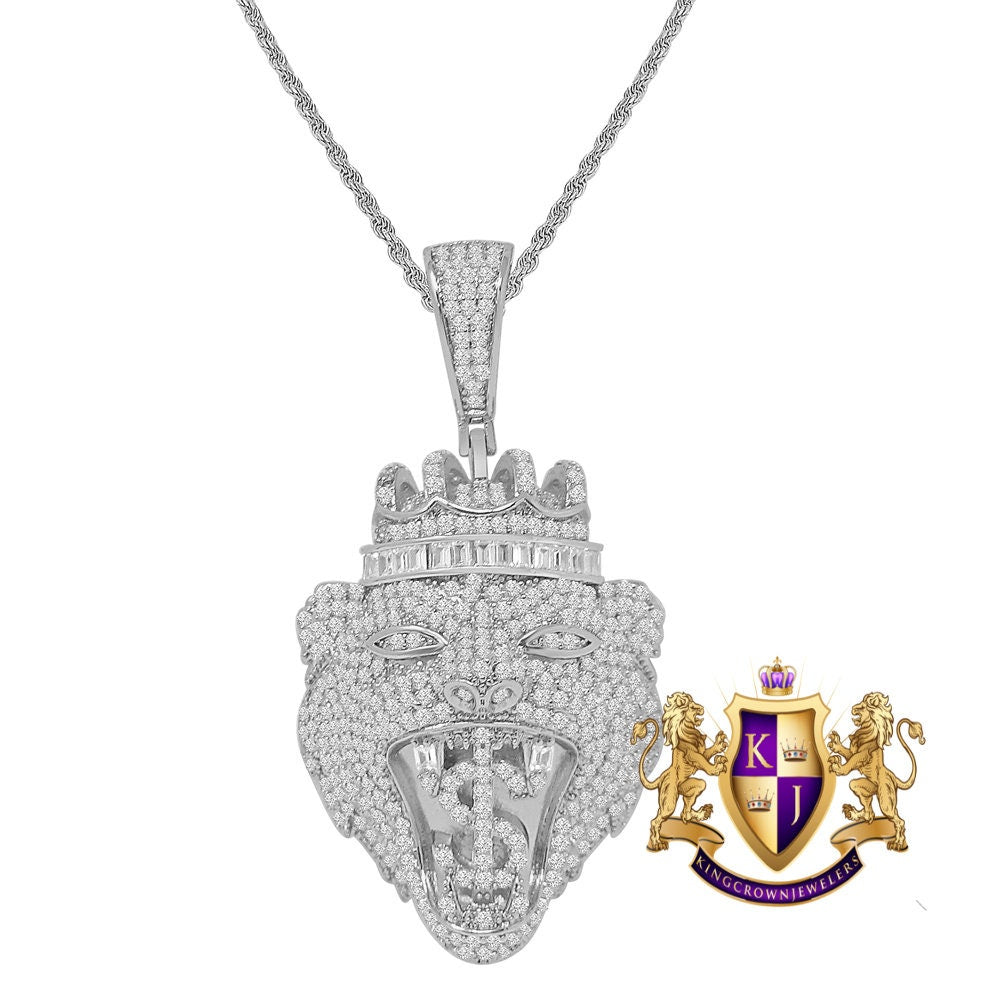 Lion Head Crown Face Dollar Sign Custom Charm Simulated Diamond Pendent Chain Set