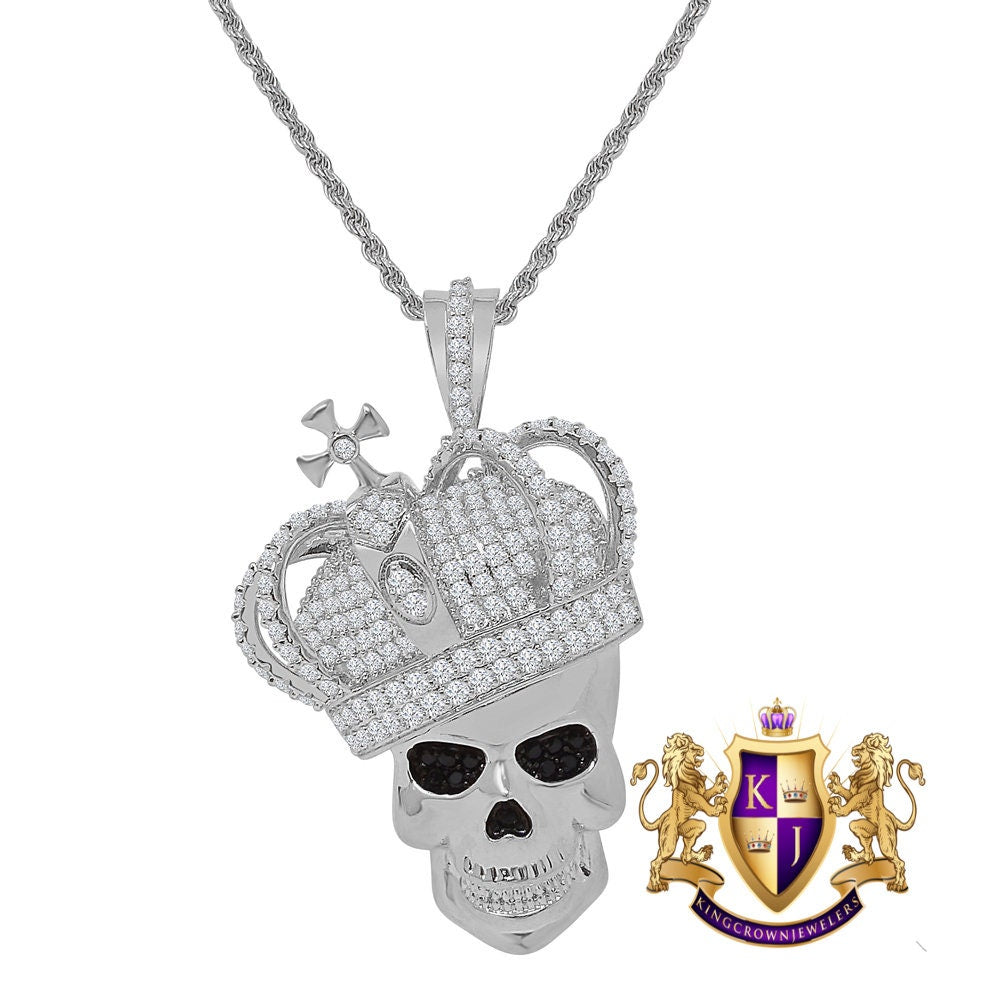 Men's Skull Head Crown Face Custom Charm Simulated Diamond Cross Pendent Chain Set