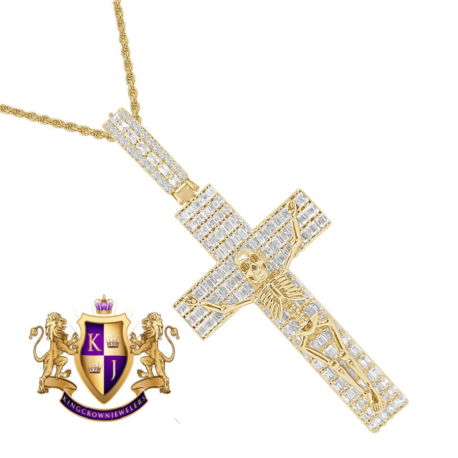 Men's Custom Piece Skeleton Cross Charm 14K Gold Finish Simulated Diamond Pendent + Chain 2.75''
