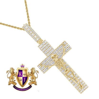 Men's Custom Piece Skeleton Cross Charm 14K Gold Finish Simulated Diamond Pendent + Chain 2.75''