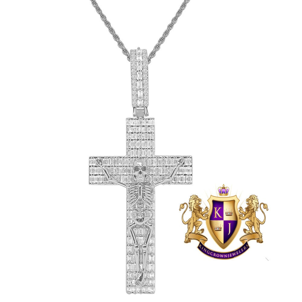 Men's Custom Piece Skeleton Cross Charm 14K Gold Finish Simulated Diamond Pendent + Chain 2.75''