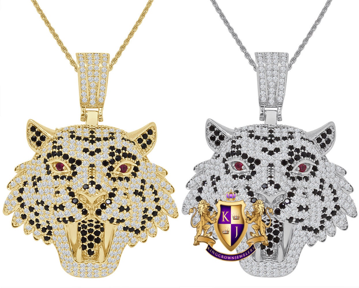 Men's Lion Head Ruby Eye Custom Charm Simulated Diamond Pendent Chain Set