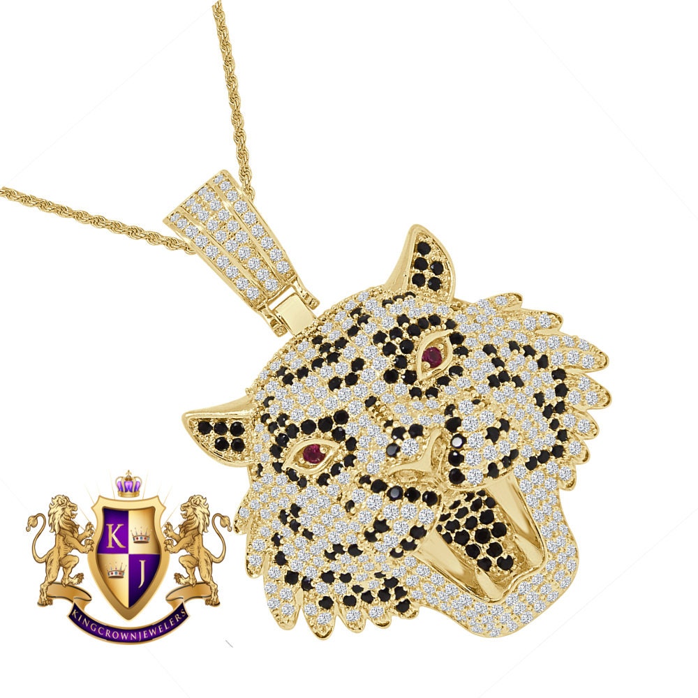 Men's Lion Head Ruby Eye Custom Charm Simulated Diamond Pendent Chain Set
