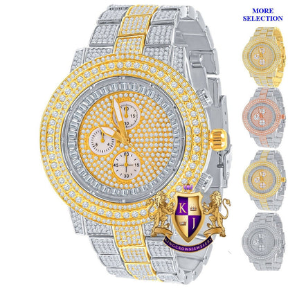 Men's 2 Tone Yellow Gold Finish Simulated Diamond Solid Steel Back Iced Out Bezel Band Watch 44mm