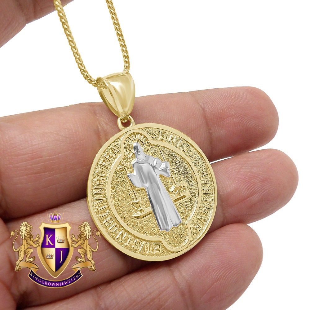 Men's 100% 10K Real Solid Yellow Gold Saint Benedict  Religious Pendent Charm Medallion + Free Chain