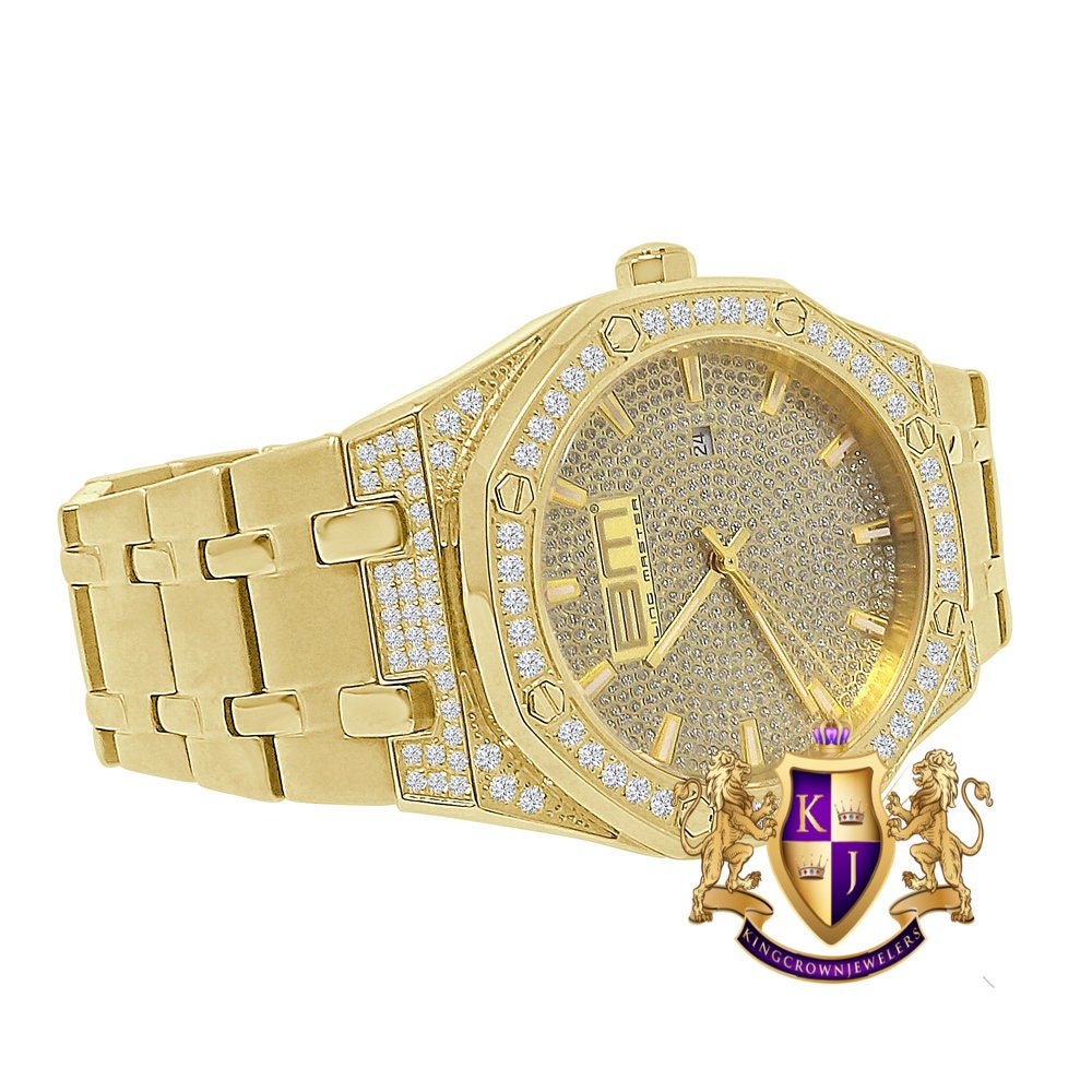 Men's Full Solid Stainless Steel 18K Gold Finish Simulated Diamond AP Style Watch 40mm
