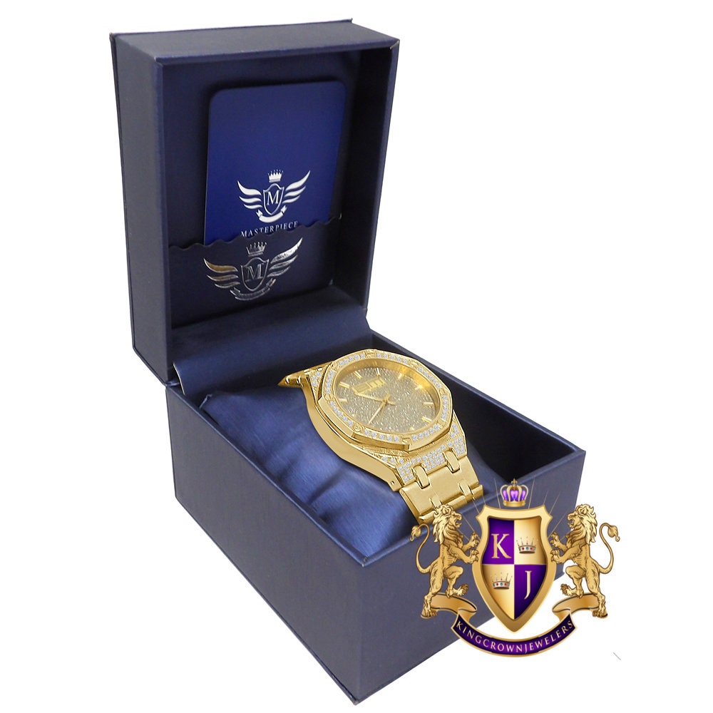 Men's Full Solid Stainless Steel 18K Gold Finish Simulated Diamond AP Style Watch 40mm
