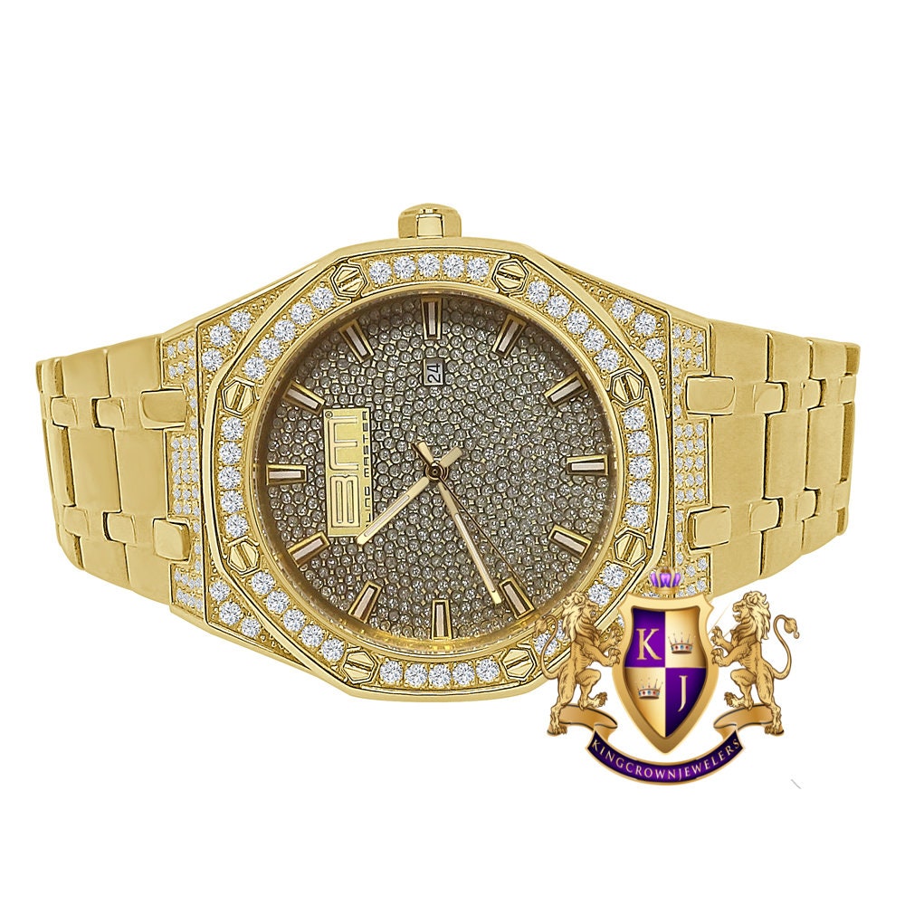 Men's Full Solid Stainless Steel 18K Gold Finish Simulated Diamond AP Style Watch 40mm