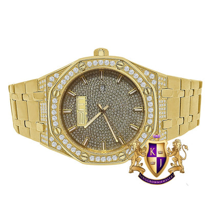 Men's Full Solid Stainless Steel 18K Gold Finish Simulated Diamond AP Style Watch 40mm