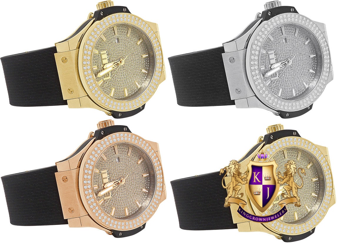 Men's Solid Stainless Steel 2 Row Bezel Simulated Diamond 18K Gold Finish 40mm
