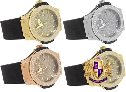 Men's Solid Stainless Steel 2 Row Bezel Simulated Diamond 18K Gold Finish 40mm