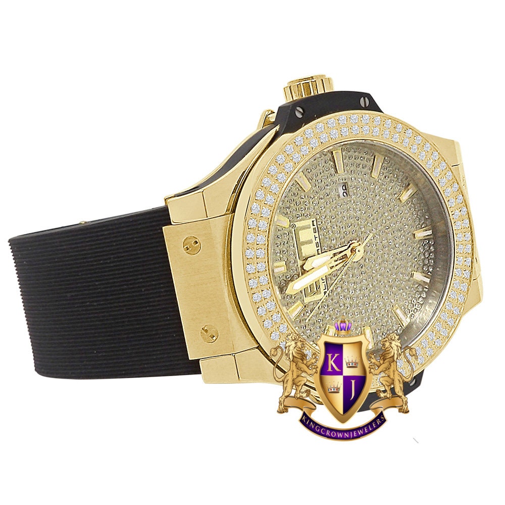 Men's Solid Stainless Steel 2 Row Bezel Simulated Diamond 18K Gold Finish 40mm