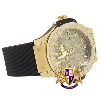 Men's Solid Stainless Steel 2 Row Bezel Simulated Diamond 18K Gold Finish 40mm