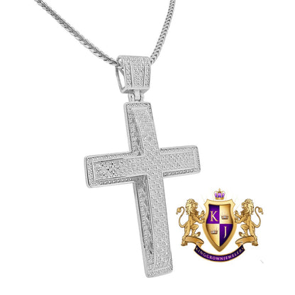 Real Genuine Diamond 0.44 Cwt. Jesus Cross Piece Pendent Charm Chain Set 10K White Gold Finish 2''