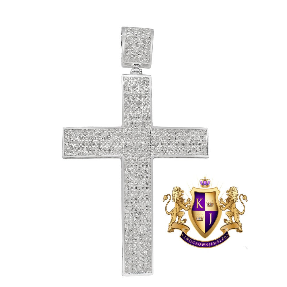 Real Genuine Diamond 2.43 Cwt. Big XL 3.25'' White Gold Over Holy Jesus Cross Pendent Charm