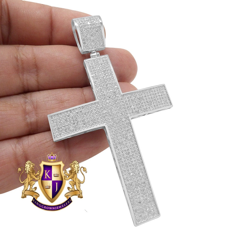Real Genuine Diamond 2.43 Cwt. Big XL 3.25'' White Gold Over Holy Jesus Cross Pendent Charm