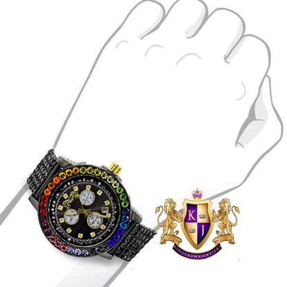 Rainbow Multi Tone Solitaire Exclusive Custom Time Piece Black Gold Finish Simulated Diamond Men's Luxury Watch XL W/Date