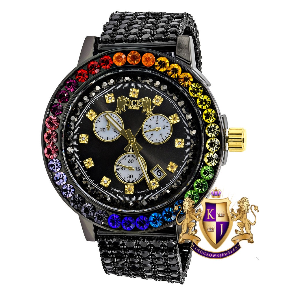 Rainbow Multi Tone Solitaire Exclusive Custom Time Piece Black Gold Finish Simulated Diamond Men's Luxury Watch XL W/Date