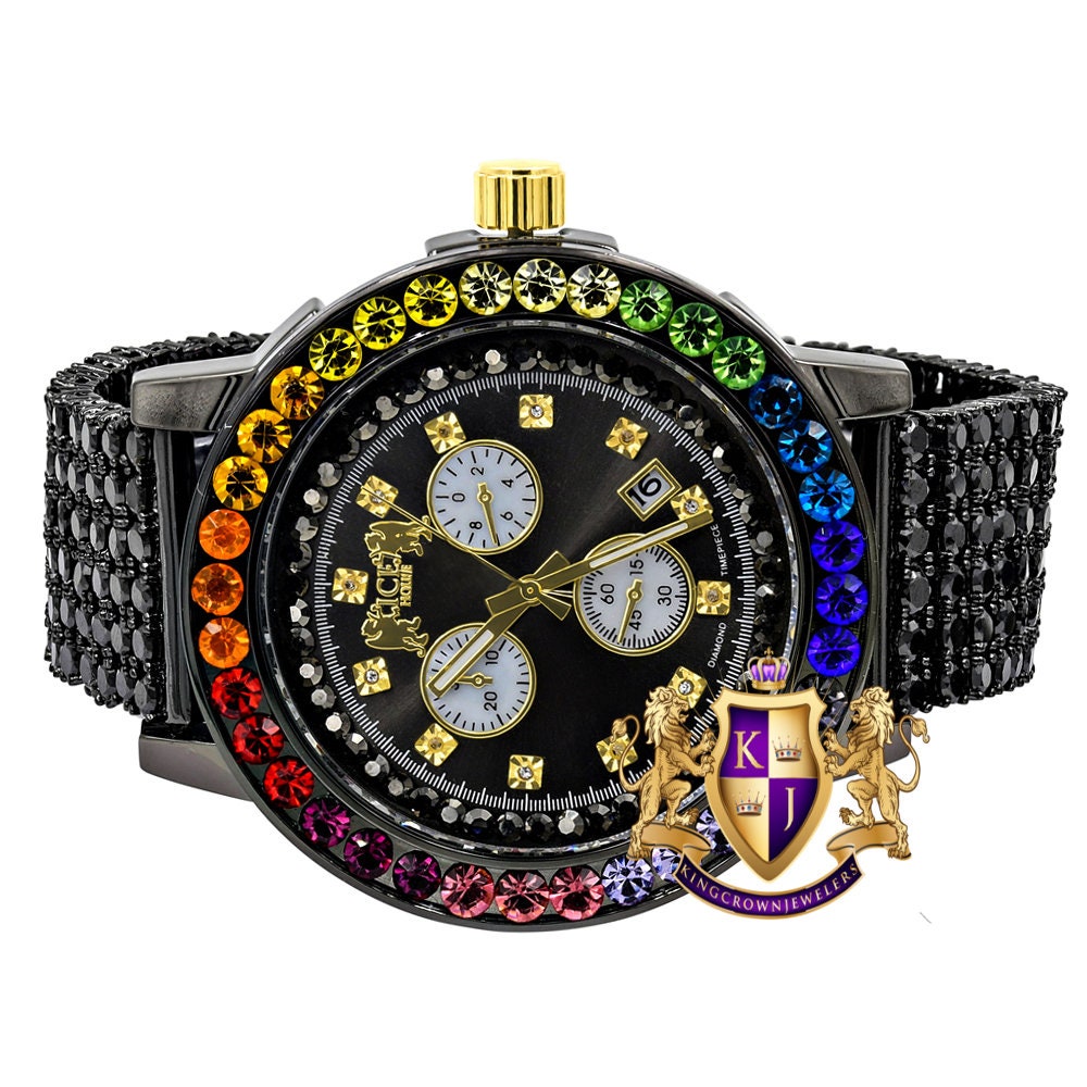 Rainbow Multi Tone Solitaire Exclusive Custom Time Piece Black Gold Finish Simulated Diamond Men's Luxury Watch XL W/Date