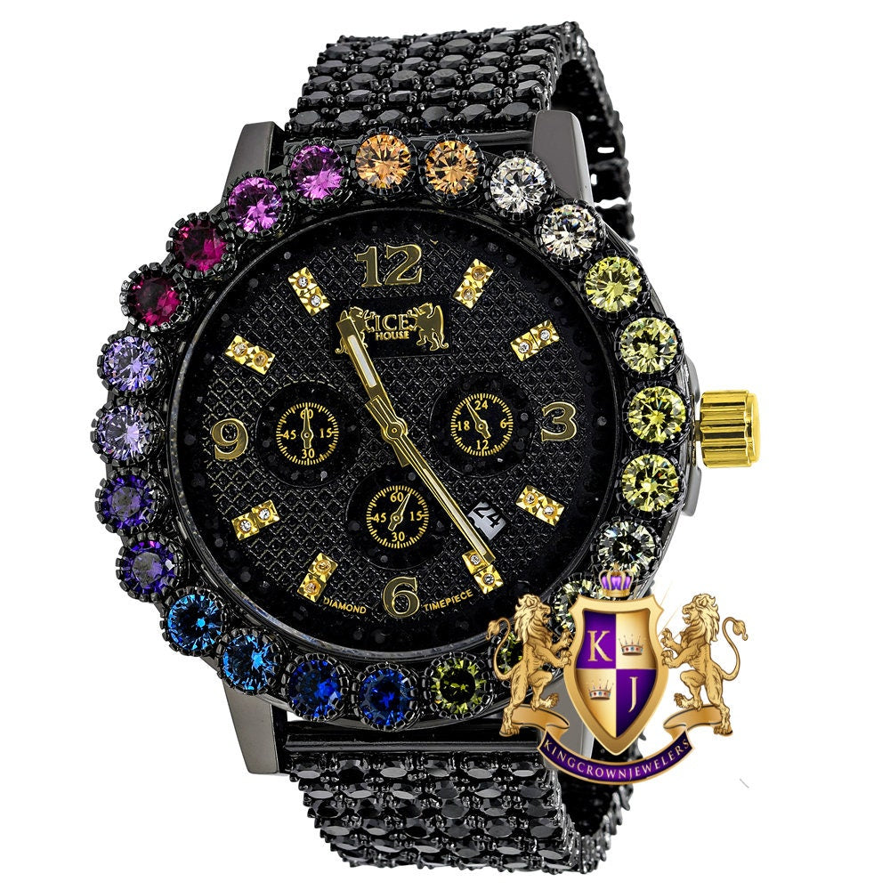 Mens Rainbow Multi Tone Prong Set Exclusive Custom Time Piece Black Gold Finish Simulated Diamond Luxury Watch XL W/Date
