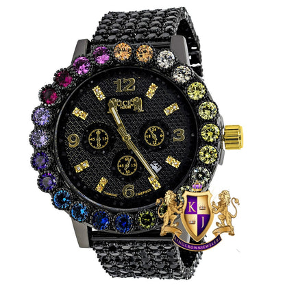 Mens Rainbow Multi Tone Prong Set Exclusive Custom Time Piece Black Gold Finish Simulated Diamond Luxury Watch XL W/Date