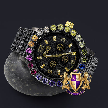 Mens Rainbow Multi Tone Prong Set Exclusive Custom Time Piece Black Gold Finish Simulated Diamond Luxury Watch XL W/Date