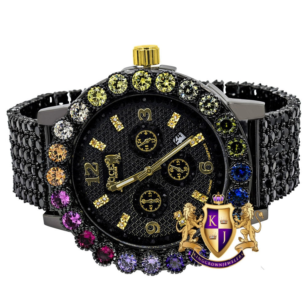 Mens Rainbow Multi Tone Prong Set Exclusive Custom Time Piece Black Gold Finish Simulated Diamond Luxury Watch XL W/Date