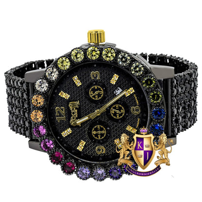 Mens Rainbow Multi Tone Prong Set Exclusive Custom Time Piece Black Gold Finish Simulated Diamond Luxury Watch XL W/Date