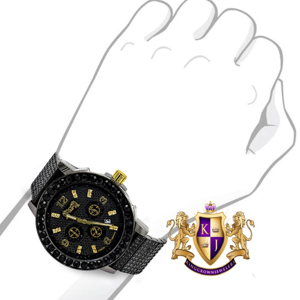 Full Solid Stainless Steel 18K Black Gold Finish Copper Tone Simulated Diamond 5 ATM Water Resistant Men's Watch With Date Function 54 mm