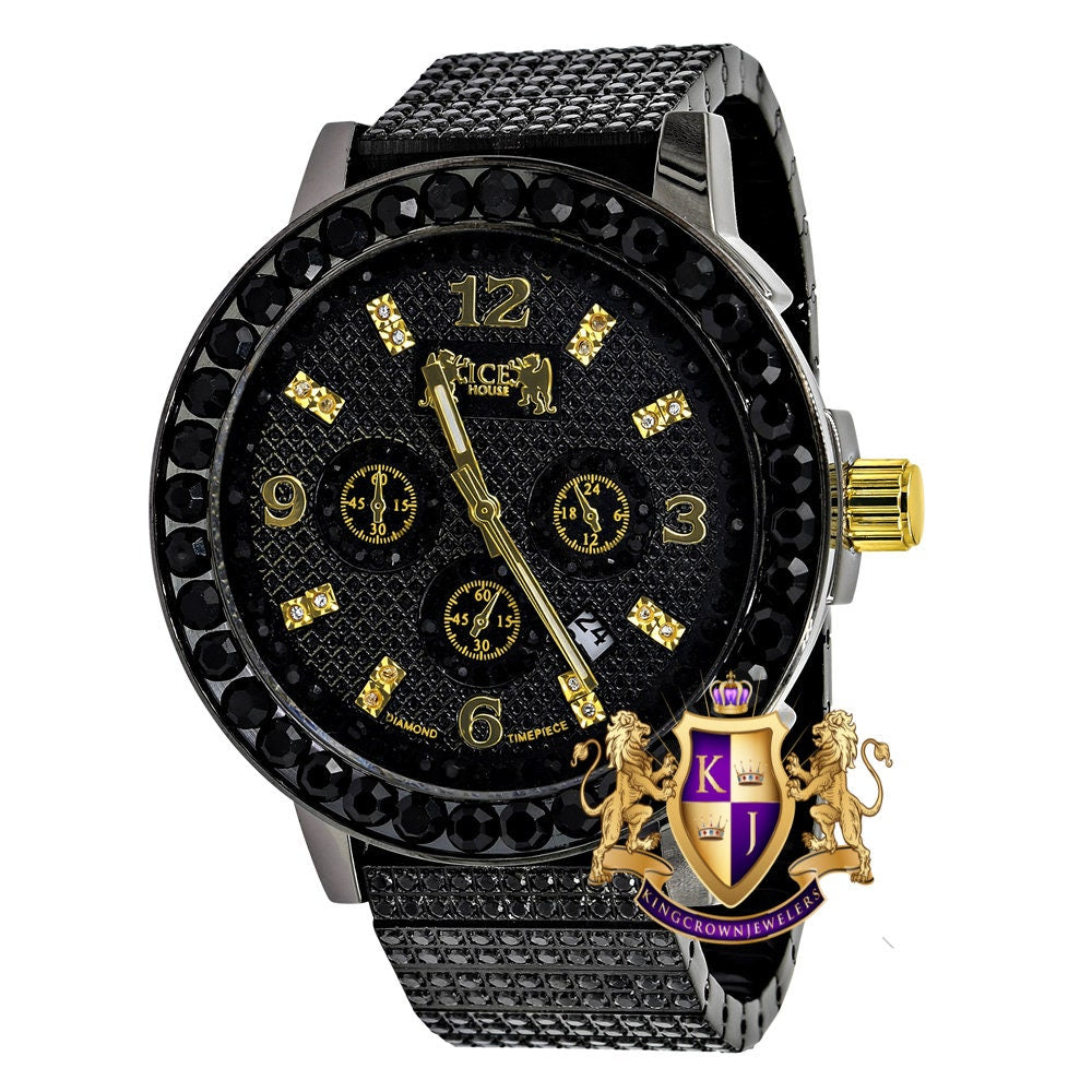 Full Solid Stainless Steel 18K Black Gold Finish Copper Tone Simulated Diamond 5 ATM Water Resistant Men's Watch With Date Function 54 mm