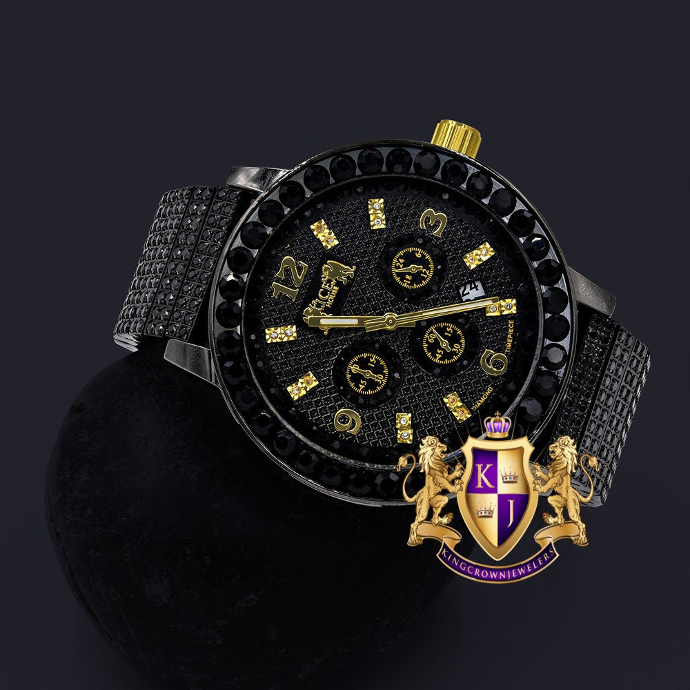 Full Solid Stainless Steel 18K Black Gold Finish Copper Tone Simulated Diamond 5 ATM Water Resistant Men's Watch With Date Function 54 mm