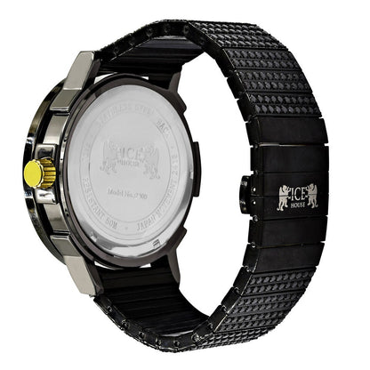 Prong Set Solid Stainless Steel Rainbow Multi Tone Simulated Diamond Dial 18K Black Gold Finish XL 54mm Custom Watch W/Date