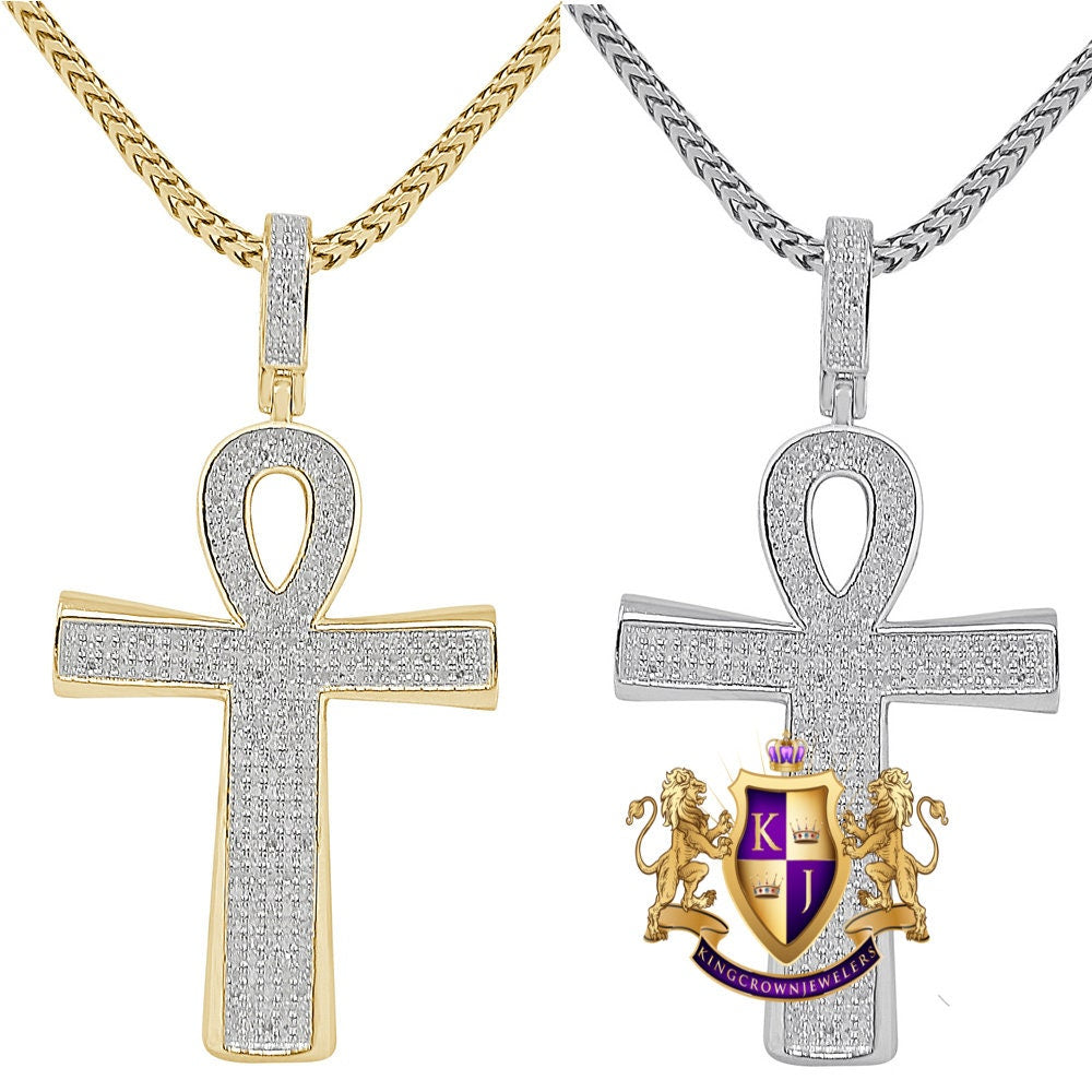 Real Genuine Diamond 0.78 Cwt. Egyptian Ankh Cross Piece Pendent Charm Chain Set 10K Gold Finish 2''